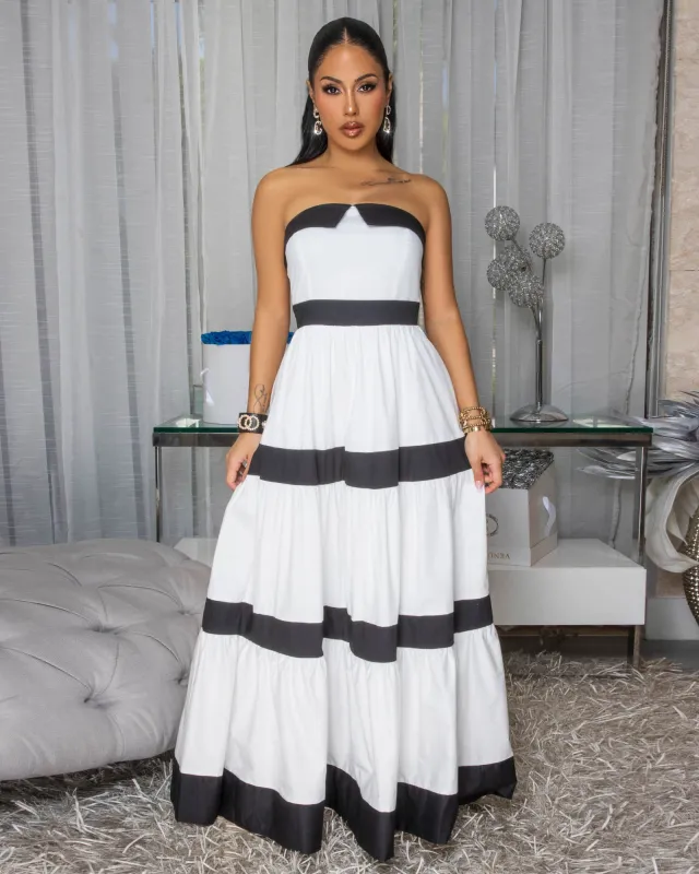 Webster Off-White Black Tiered Strapless Maxi Dress sold by Chic Couture