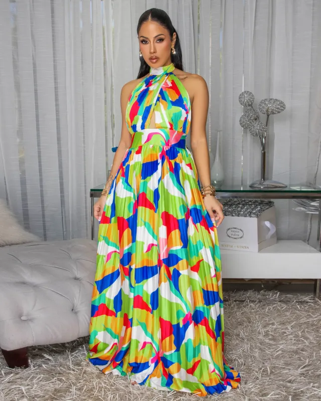 Delray Multi-Color Print Silky Halter Maxi Dress sold by Chic Couture