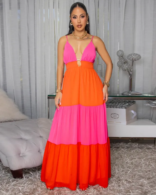 Janine Fuchsia Orange Red Color-Block Maxi Dress sold by Chic Couture