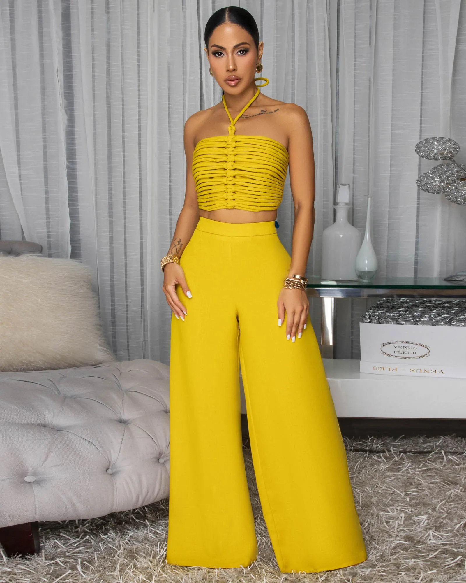 Callin Mustard Yellow Linen Pants Set sold by Chic Couture
