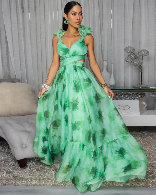 Jarielle Green Floral Print Drape Ruffle Maxi Dress sold by Chic Couture
