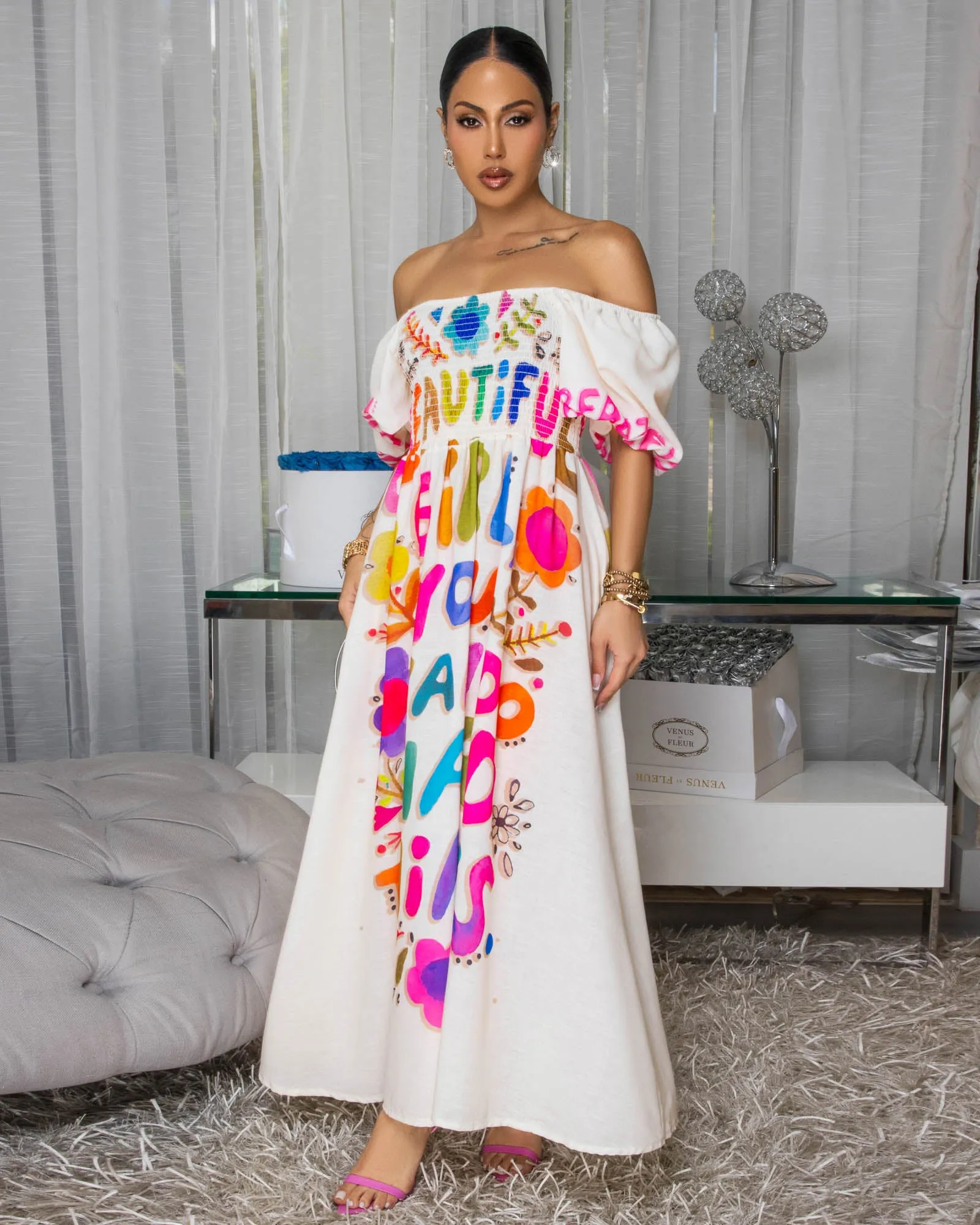 Eloise Cream Multi-Color Graphic Print Maxi Dress sold by Chic Couture product image thumbnail 3