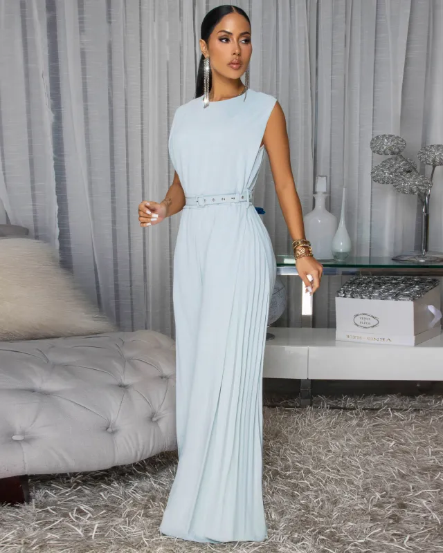 Scottie Light Blue Draped Luxe Jumpsuit sold by Chic Couture