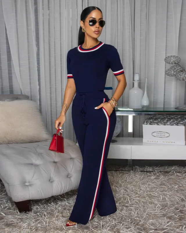 Jameson Navy-Blue Stripes ULTRA-LUXE Knit Pants Set sold by Chic Couture