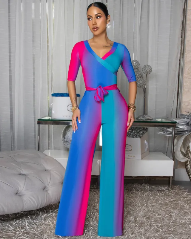 *Malakai Blue Ombre Faux Wrap Jumpsuit sold by Chic Couture