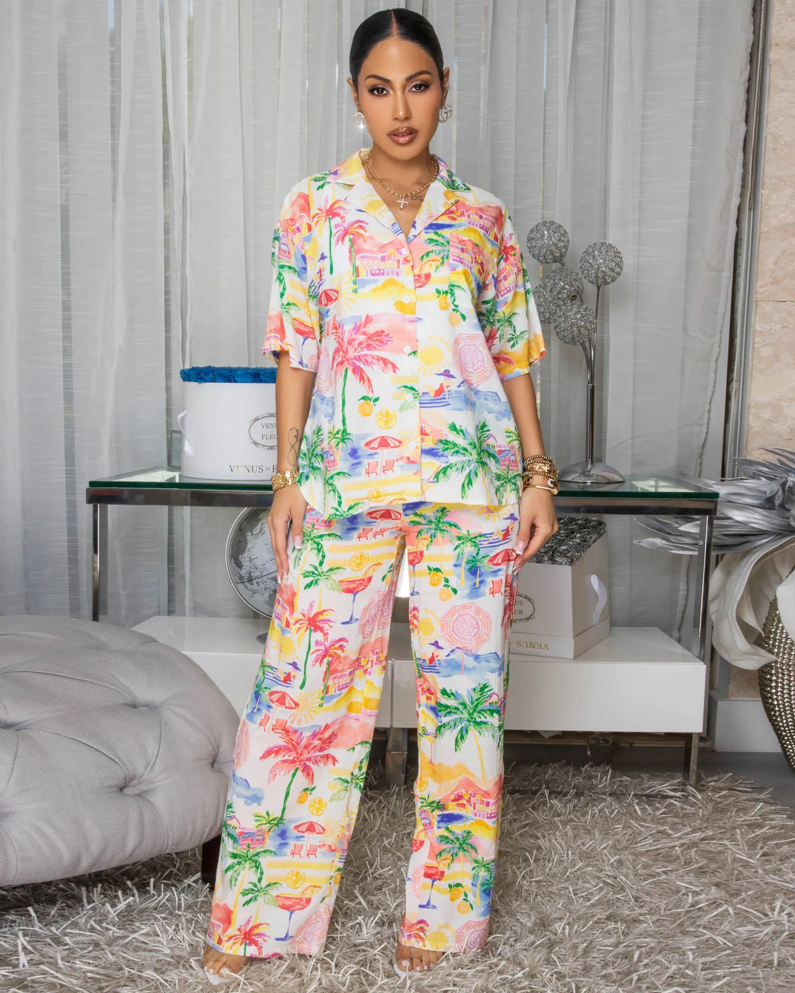 Ellington Ivory Multi-Color Palm Tree Print Pants Set sold by Chic Couture product image thumbnail 3