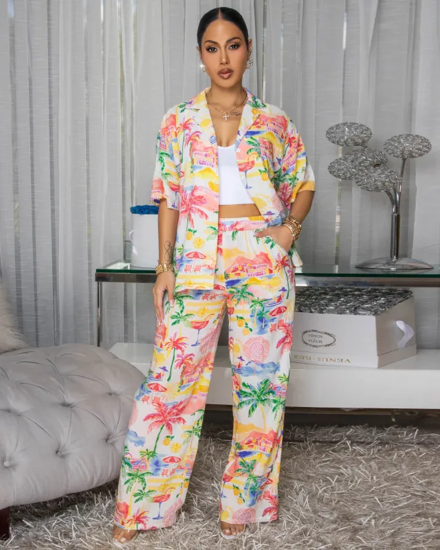 Ellington Ivory Multi-Color Palm Tree Print Pants Set sold by Chic Couture
