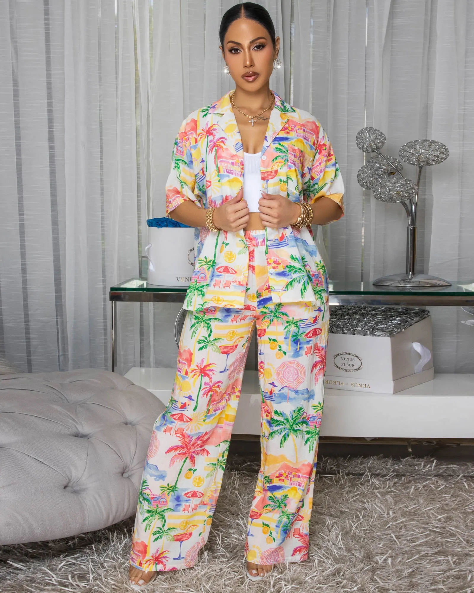 Ellington Ivory Multi-Color Palm Tree Print Pants Set sold by Chic Couture product image thumbnail 2