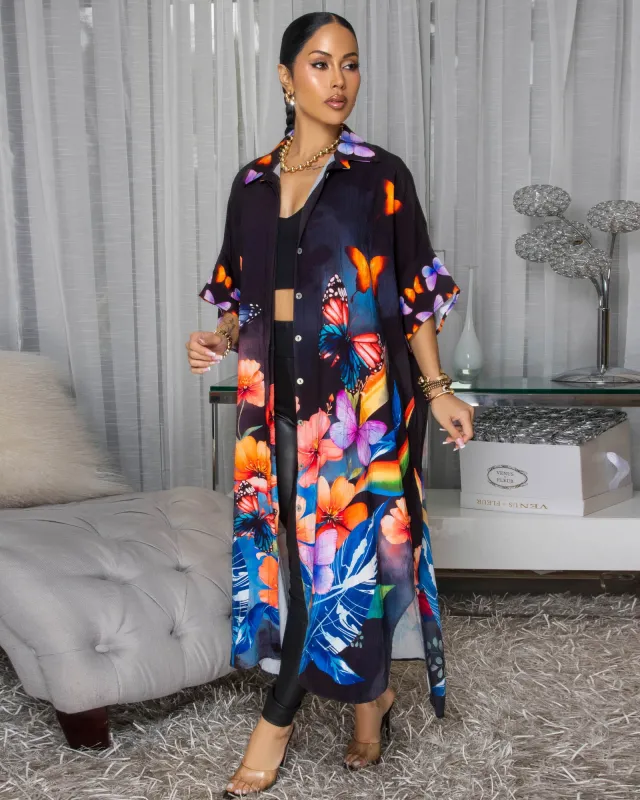 Celestina Black Multi-Color Butterfly Floral Print Maxi Dress sold by Chic Couture