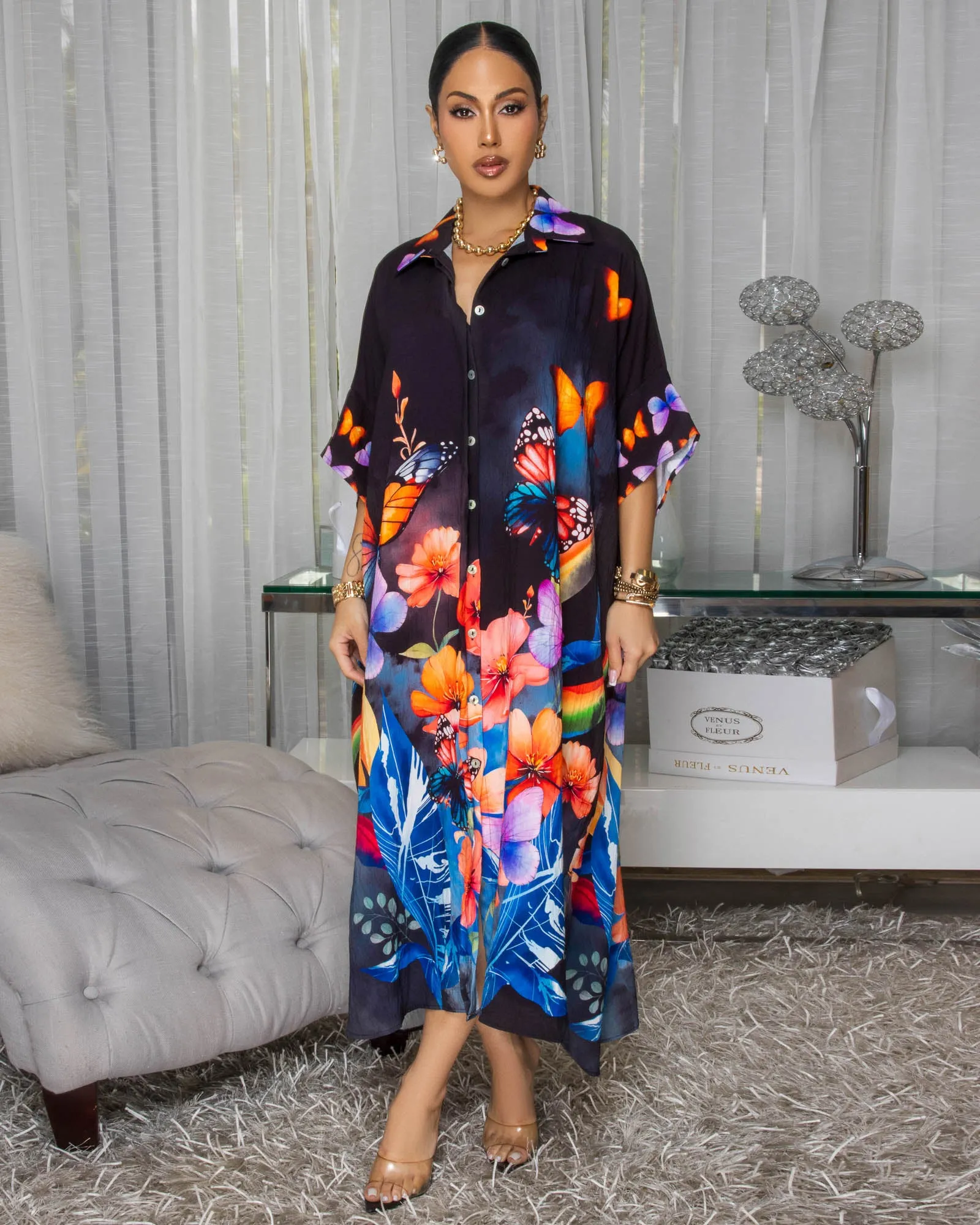 Celestina Black Multi-Color Butterfly Floral Print Maxi Dress sold by Chic Couture product image thumbnail 4