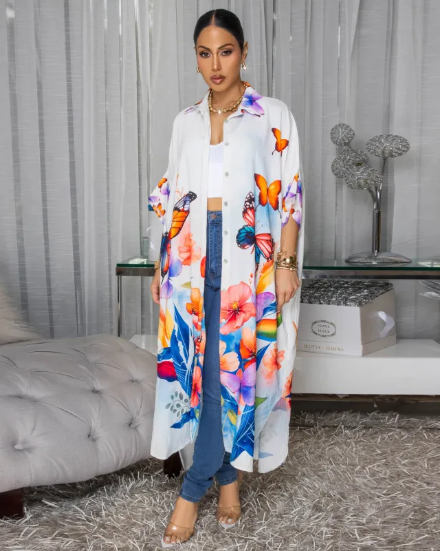 Celestina Off-White Multi-Color Butterfly Floral Print Maxi Dress sold by Chic Couture