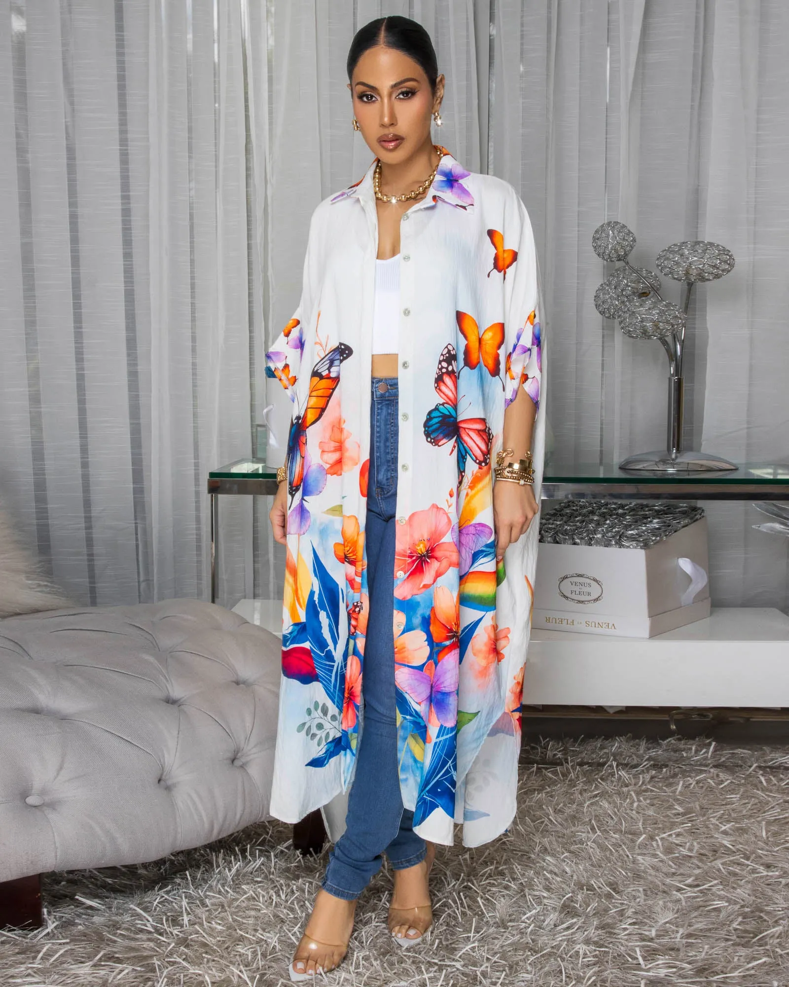 Celestina Off-White Multi-Color Butterfly Floral Print Maxi Dress sold by Chic Couture