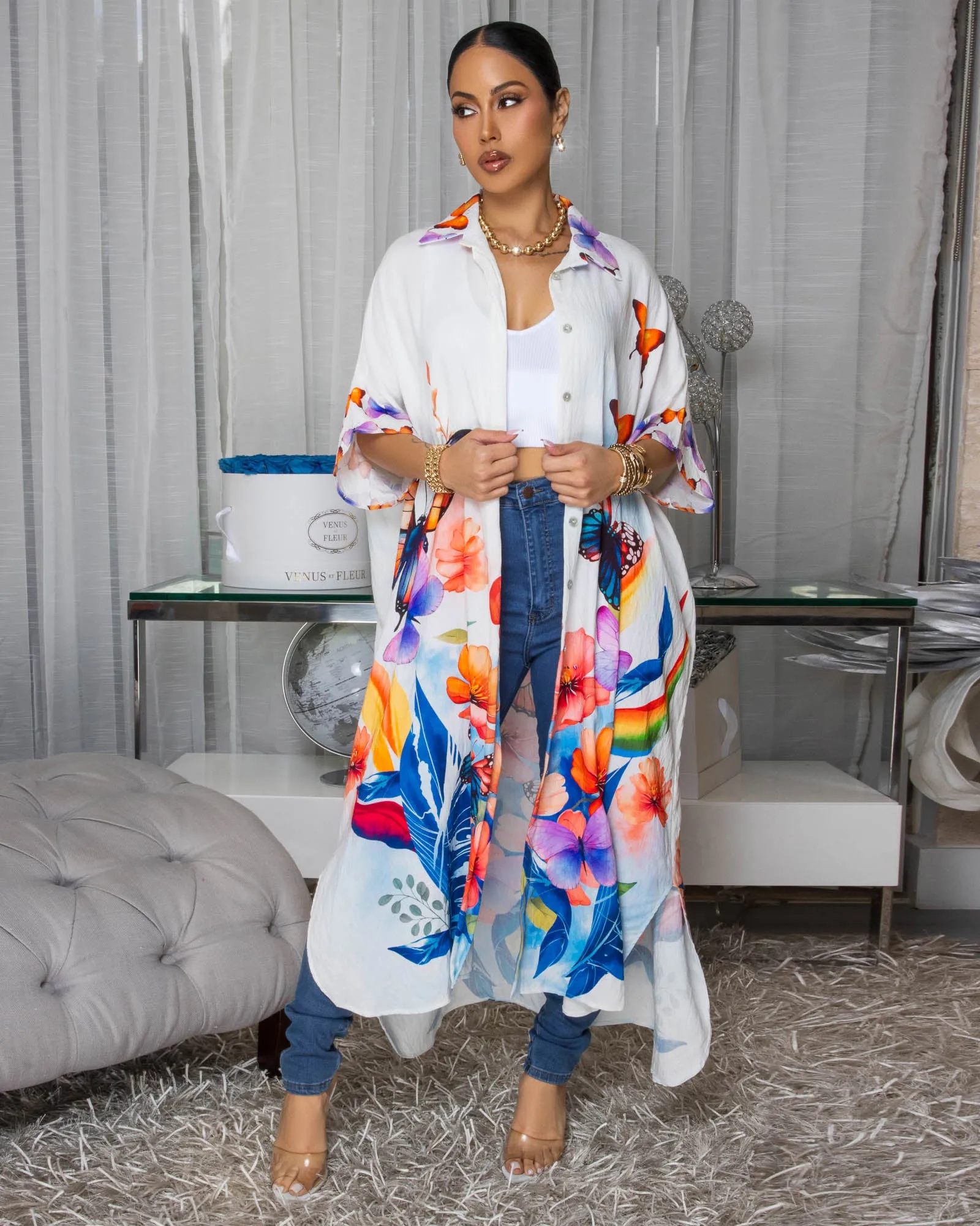 Celestina Off-White Multi-Color Butterfly Floral Print Maxi Dress sold by Chic Couture product image thumbnail 2