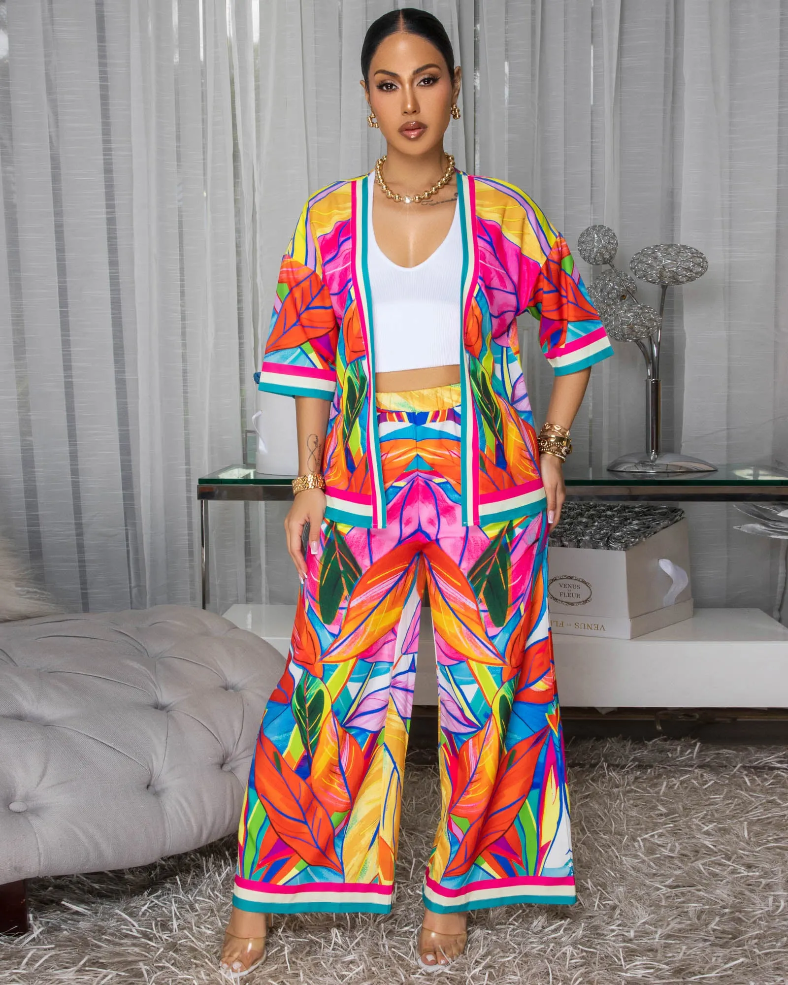 Astoria Bright Multi-Color Floral Print Top & Pants Set sold by Chic Couture