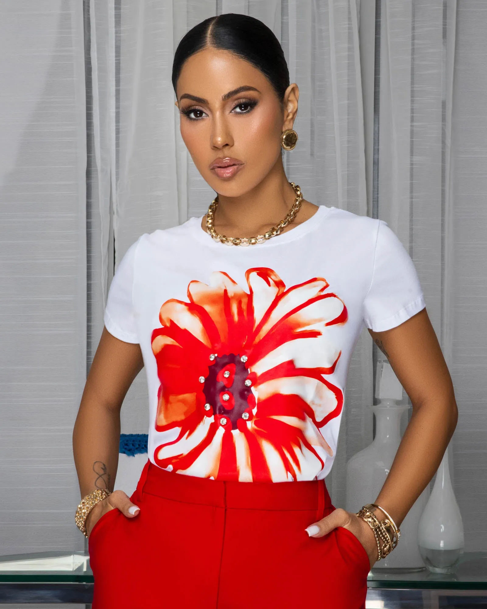 Sunflower Red Print Off-White T-Shirt sold by Chic Couture