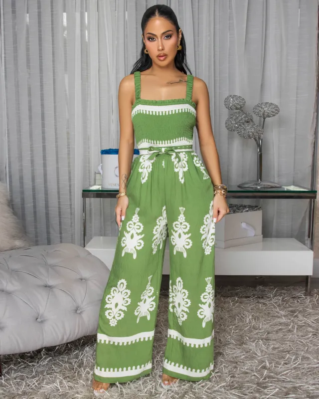 Liberty Olive Green Off-Print Woven Jumpsuit sold by Chic Couture