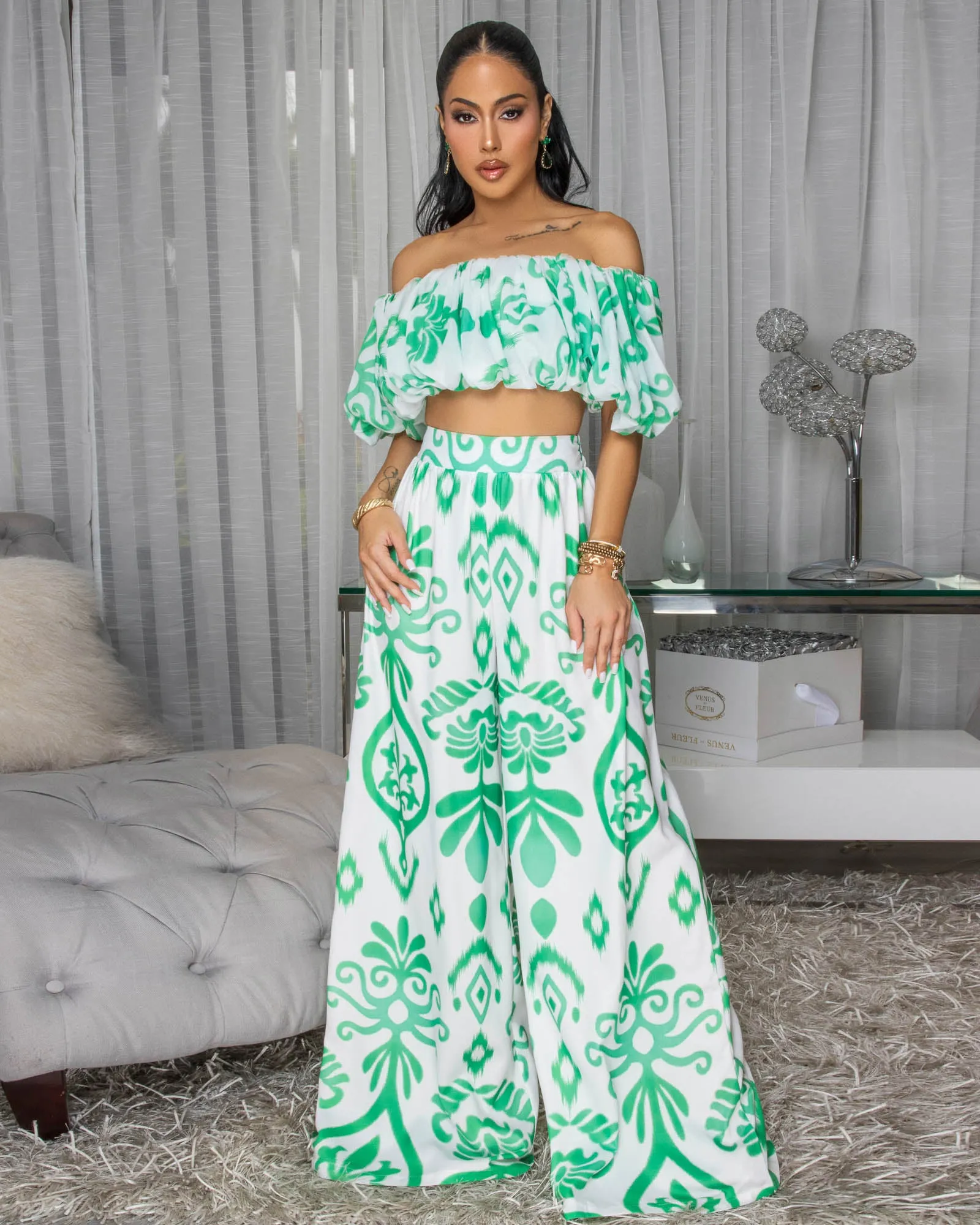 Andy Off-White Green Print Ruffle Top & Pants Set sold by Chic Couture