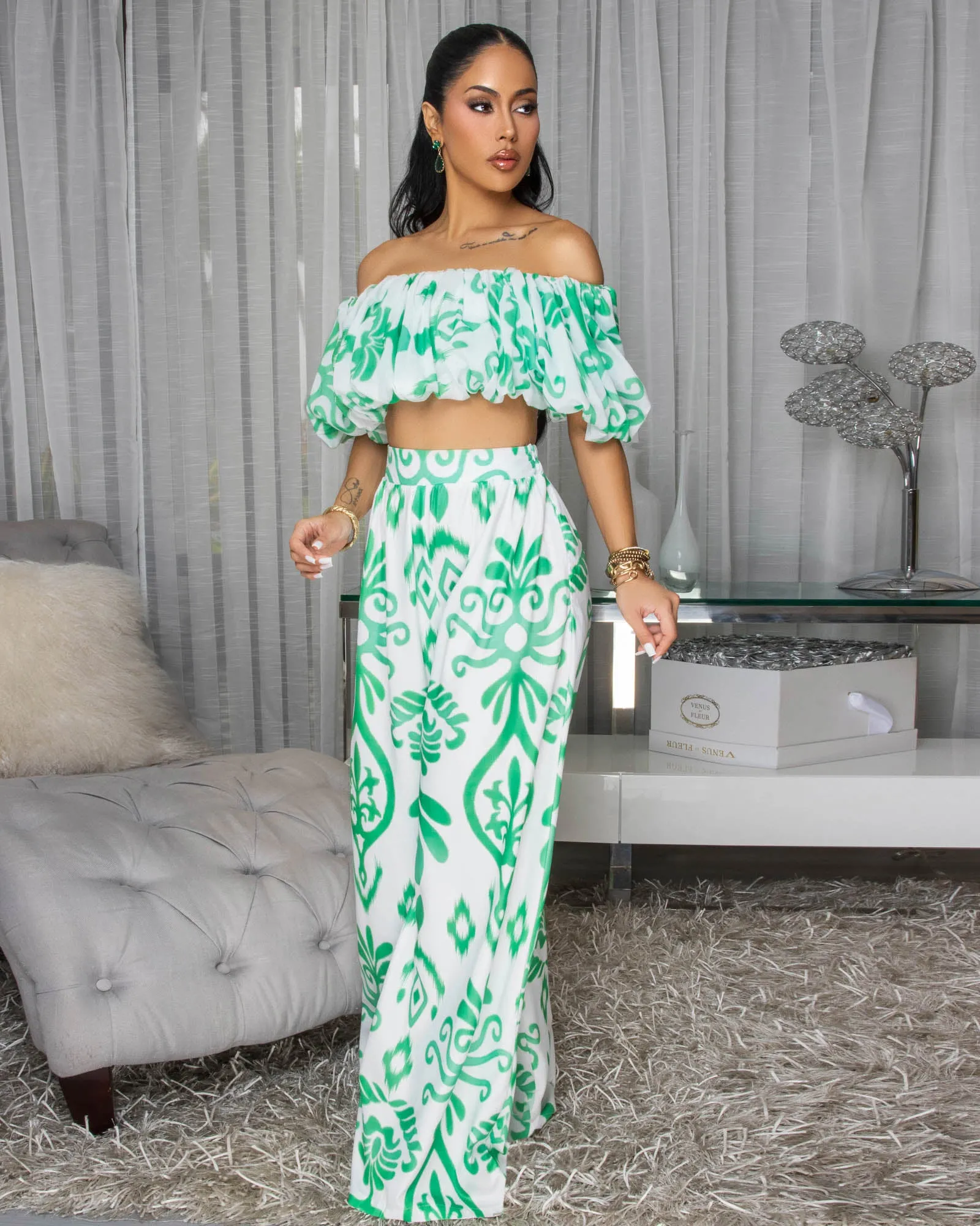 Andy Off-White Green Print Ruffle Top & Pants Set sold by Chic Couture product image thumbnail 2