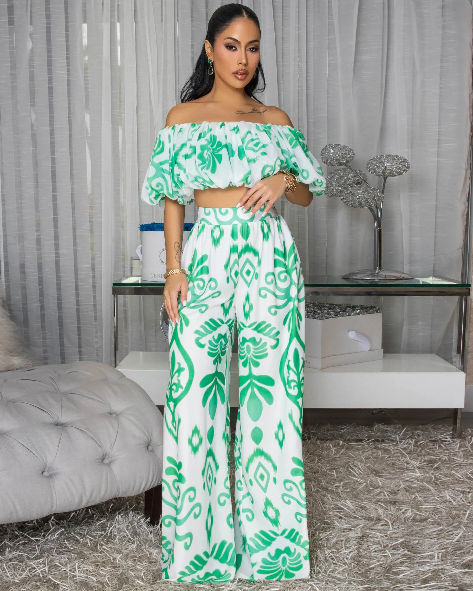 Andy Off-White Green Print Ruffle Top & Pants Set sold by Chic Couture product image thumbnail 3