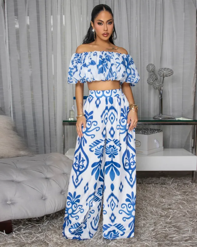 Andy Off-White Blue Print Ruffle Top & Pants Set sold by Chic Couture