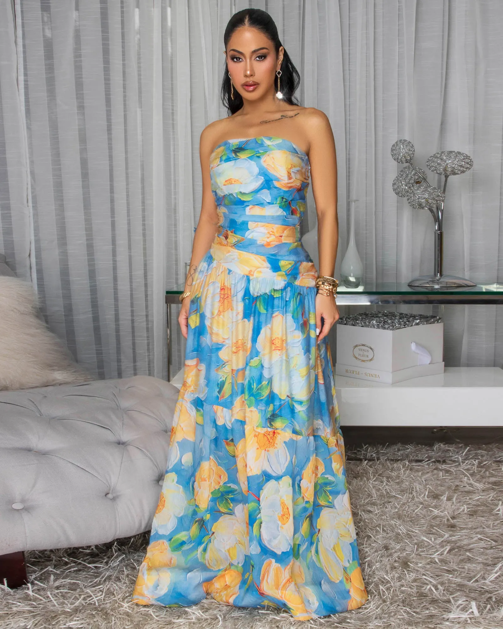 Amaya Blue Yellow Lemon Strapless Maxi Dress sold by Chic Couture product image thumbnail 3