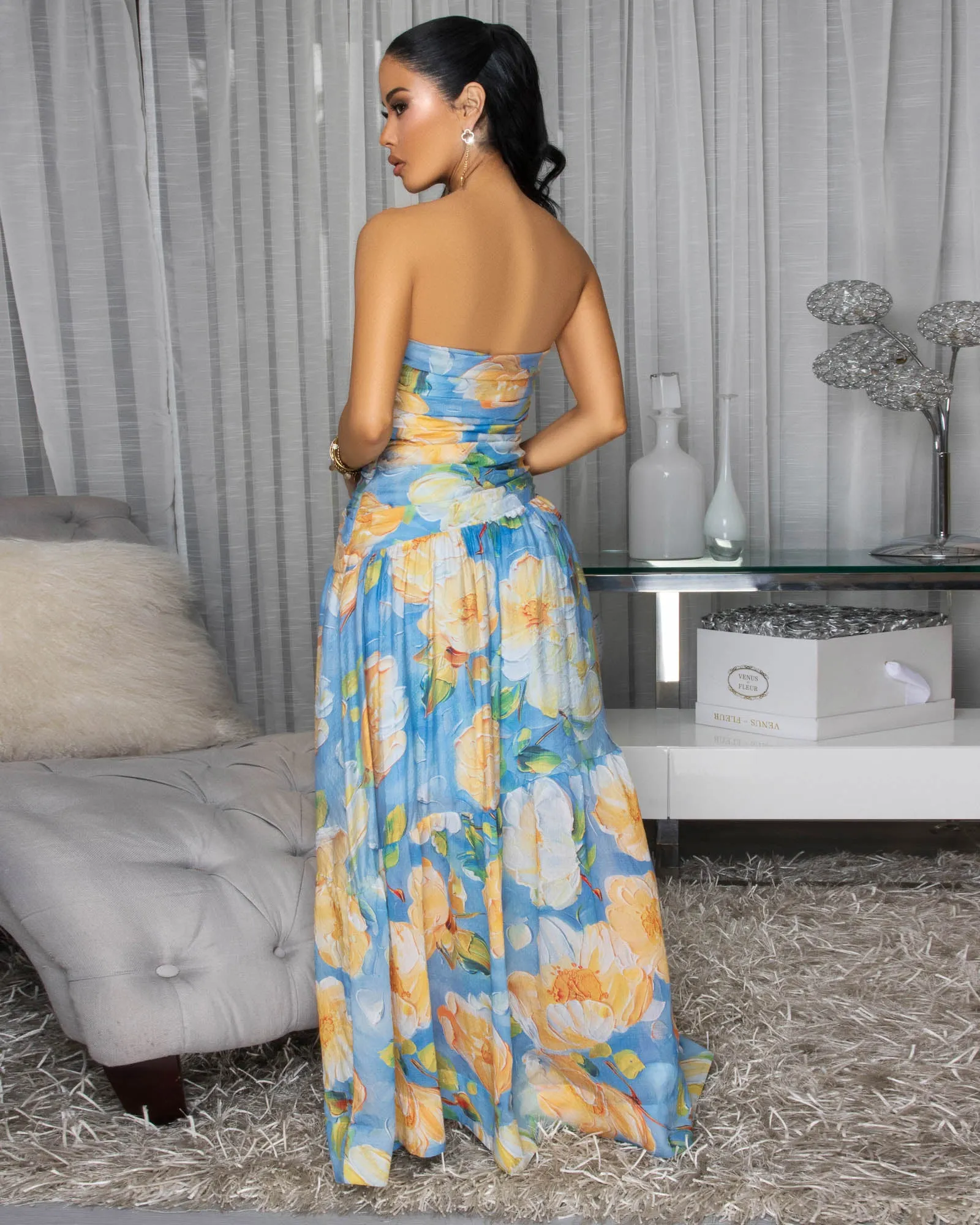 Amaya Blue Yellow Lemon Strapless Maxi Dress sold by Chic Couture product image thumbnail 4