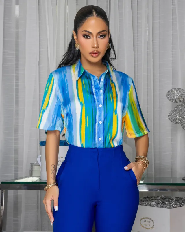 Kallie Blue Multi-Color Ombre Silky Shirt sold by Chic Couture