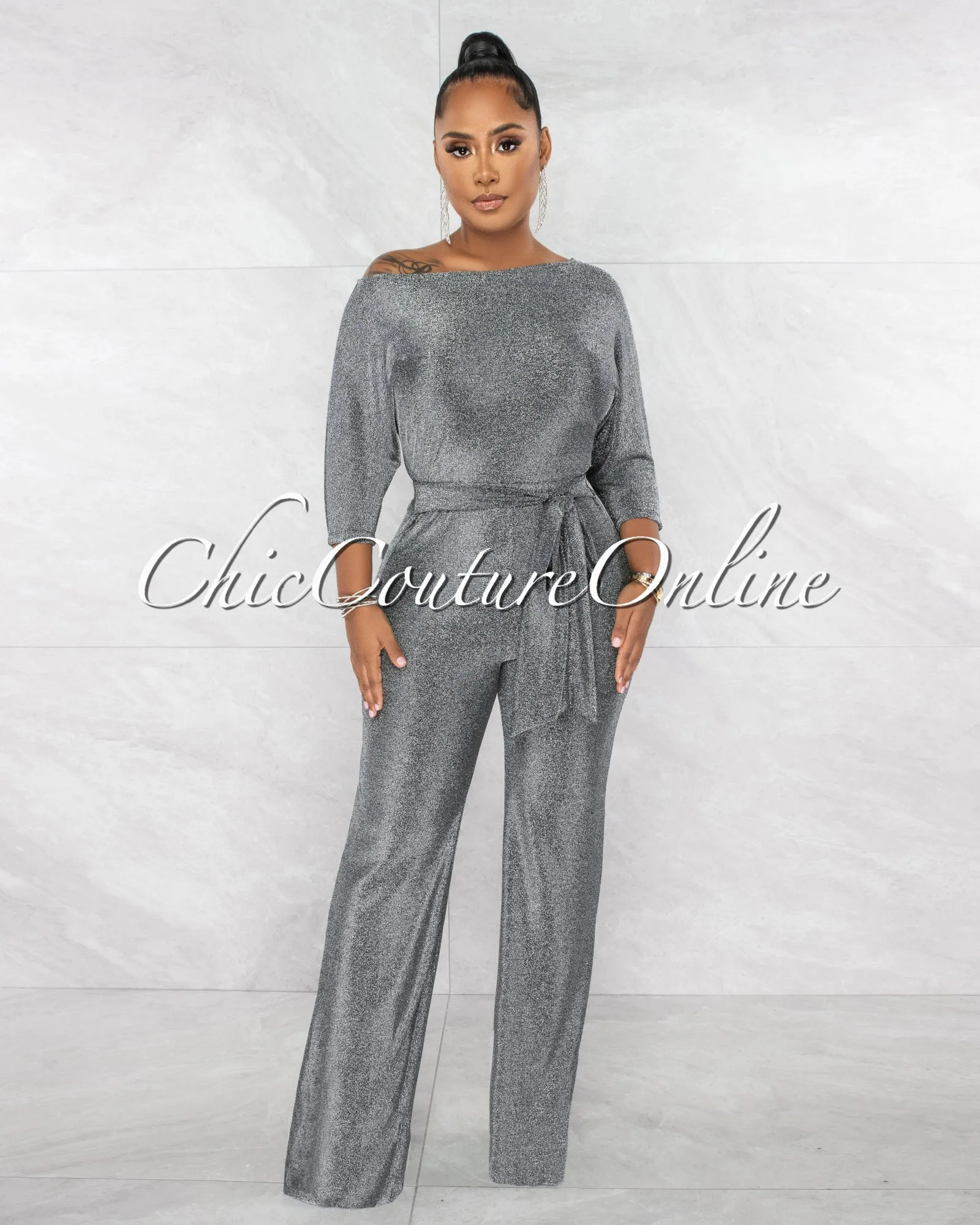 *Ruby Black Silver Shimer Crop Top & Wide Pants Set sold by Chic Couture