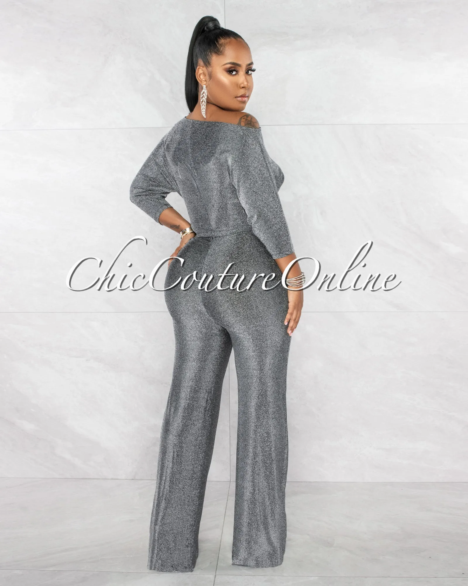 *Ruby Black Silver Shimer Crop Top & Wide Pants Set sold by Chic Couture product image thumbnail 3