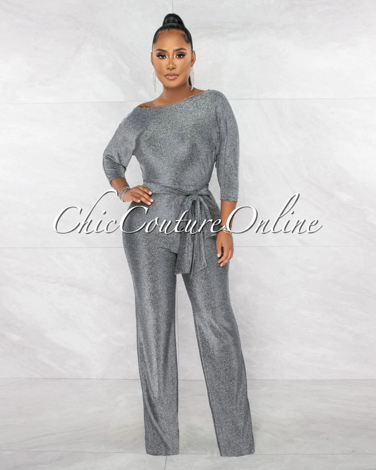 *Ruby Black Silver Shimer Crop Top & Wide Pants Set sold by Chic Couture product image thumbnail 2