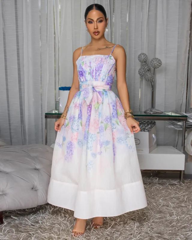 Maliyah Lilac Multi-Color Floral Print Midi Dress sold by Chic Couture