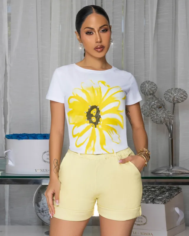 Sunflower Yellow Print Off-White T-Shirt sold by Chic Couture