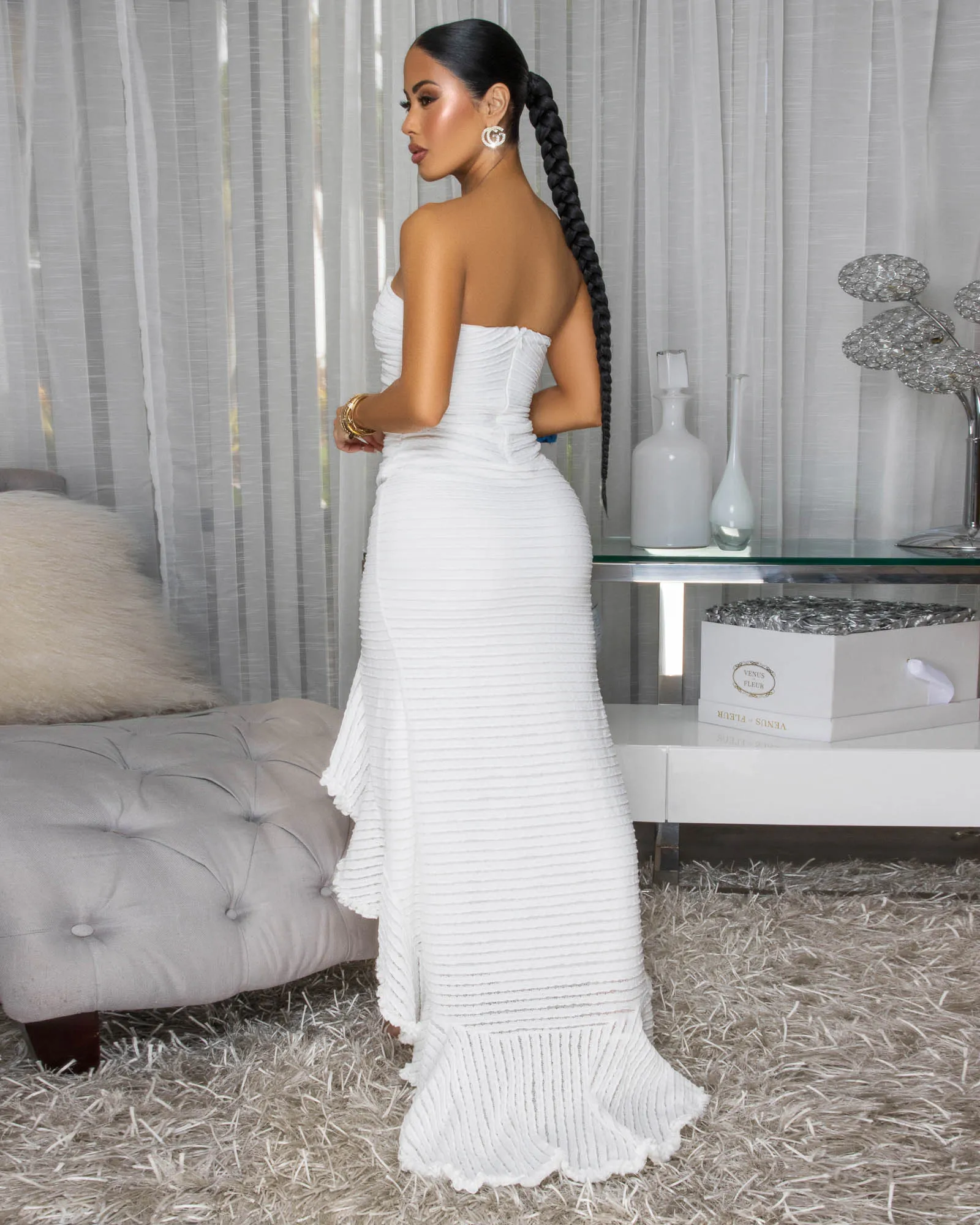 Trinity White Knit Ruffle Hi-Lo Dress sold by Chic Couture product image thumbnail 4