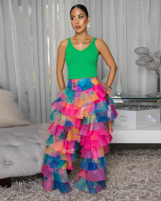 Ariella Fuchsia Organza Multi-Color Ruffle Tiered Pants sold by Chic Couture