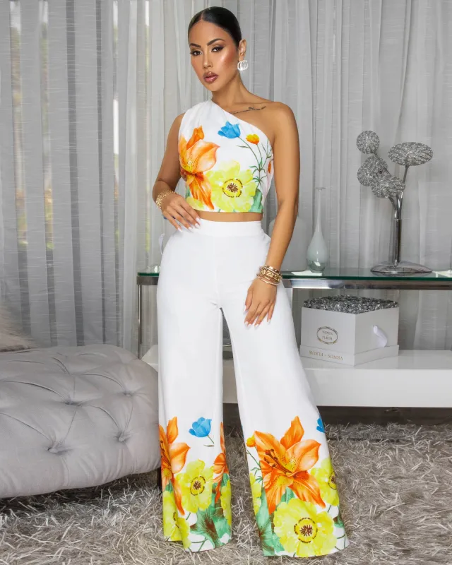 Abora White Multi-Color Floral Print Pants Set sold by Chic Couture
