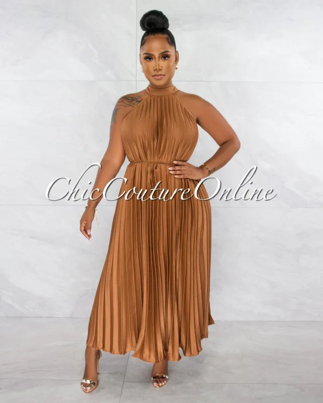 Nicia Bronze Halter Pleated Silky Maxi Dress sold by chic