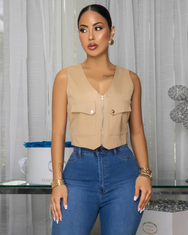 Anjou Taupe Short Vest sold by Chic Couture