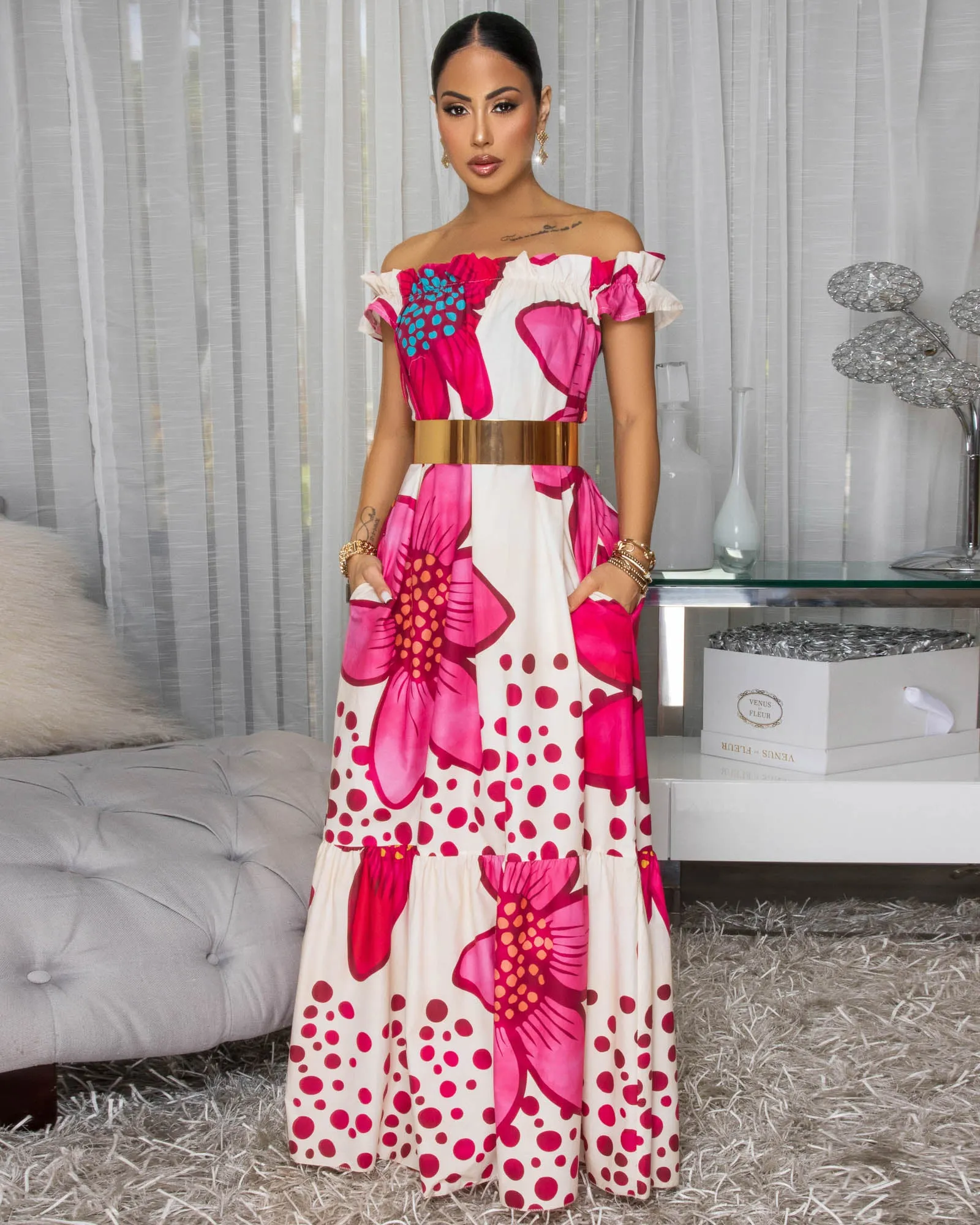 Italiana Fuchsia Multi-Color Print Maxi Dress sold by Chic Couture product image thumbnail 3