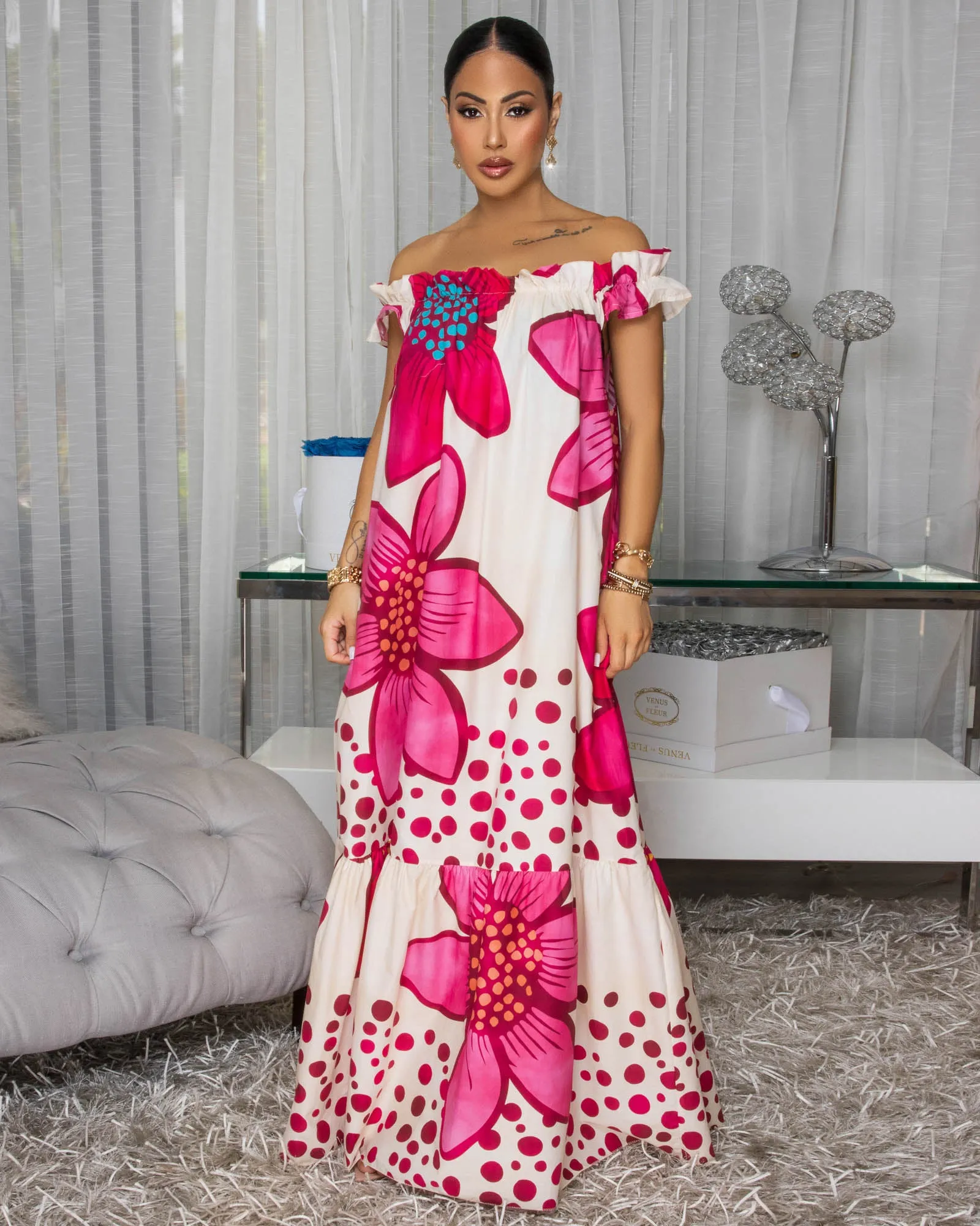 Italiana Fuchsia Multi-Color Print Maxi Dress sold by Chic Couture product image thumbnail 2