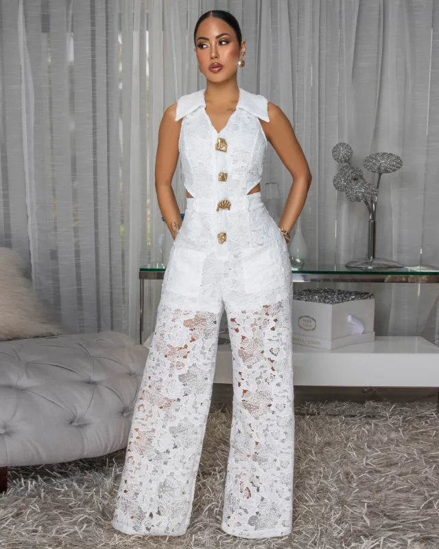 Emberley White Crochet Cut-Out Jumpsuit sold by Chic Couture