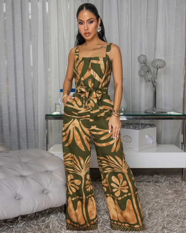 Ayla Green Gold Print Jumpsuit sold by Chic Couture