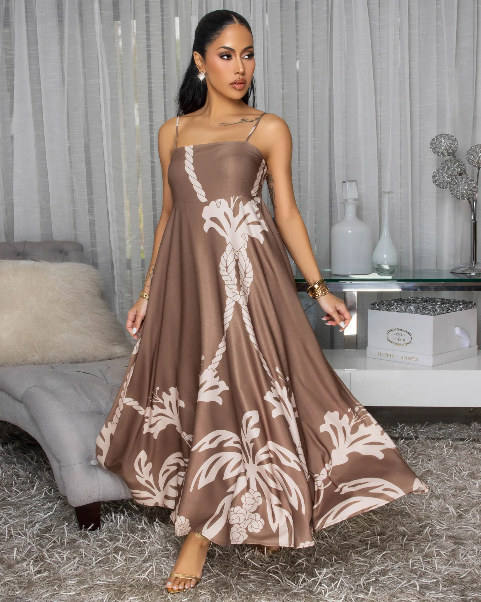 Emryn Mocha Nude Print Maxi Dress sold by Chic Couture