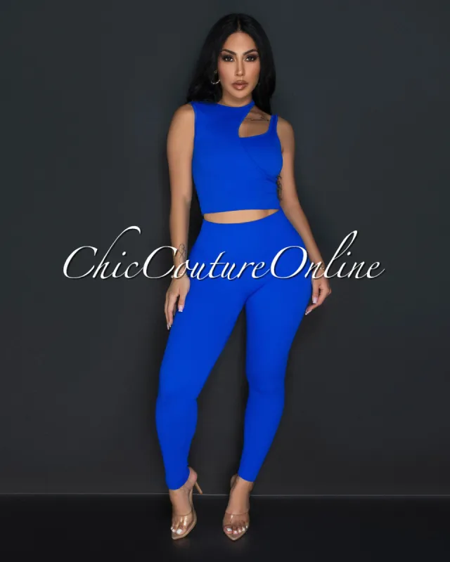 Vina Blue Key-Hole Ribbed Sculption Top & Leggings Set sold by Chic Couture