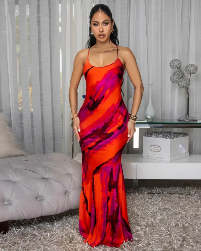 Samida Red Multi-Color Silky Slip Dress sold by Chic Couture