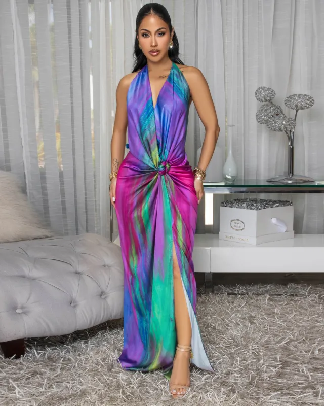 Nimane Multi-Color Knot Front Halter Maxi  Dress sold by Chic Couture