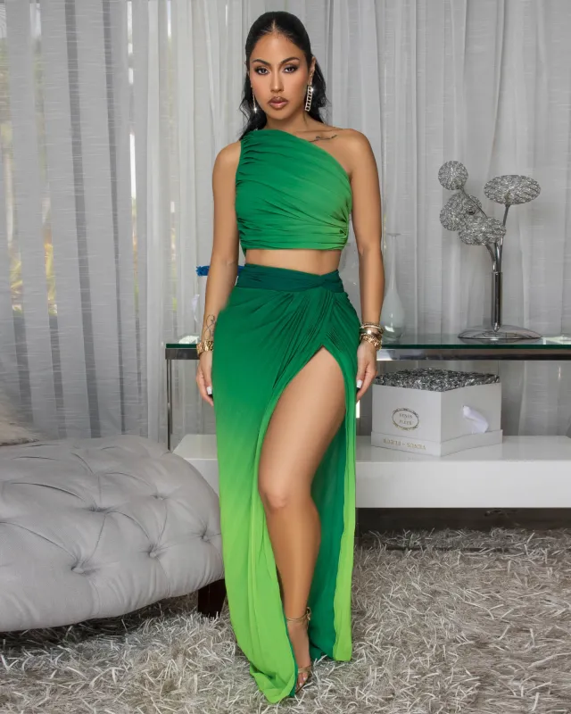 Vola Green Ombre Pleated Top & Skirt Set sold by Chic Couture