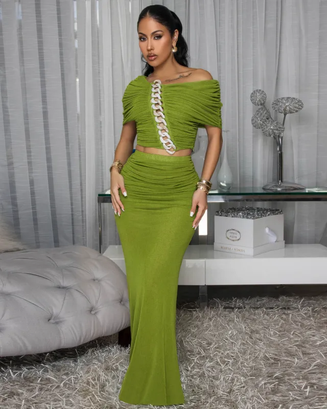 Lawrence Green Mesh Ruched Top & Skirt Set sold by Chic Couture