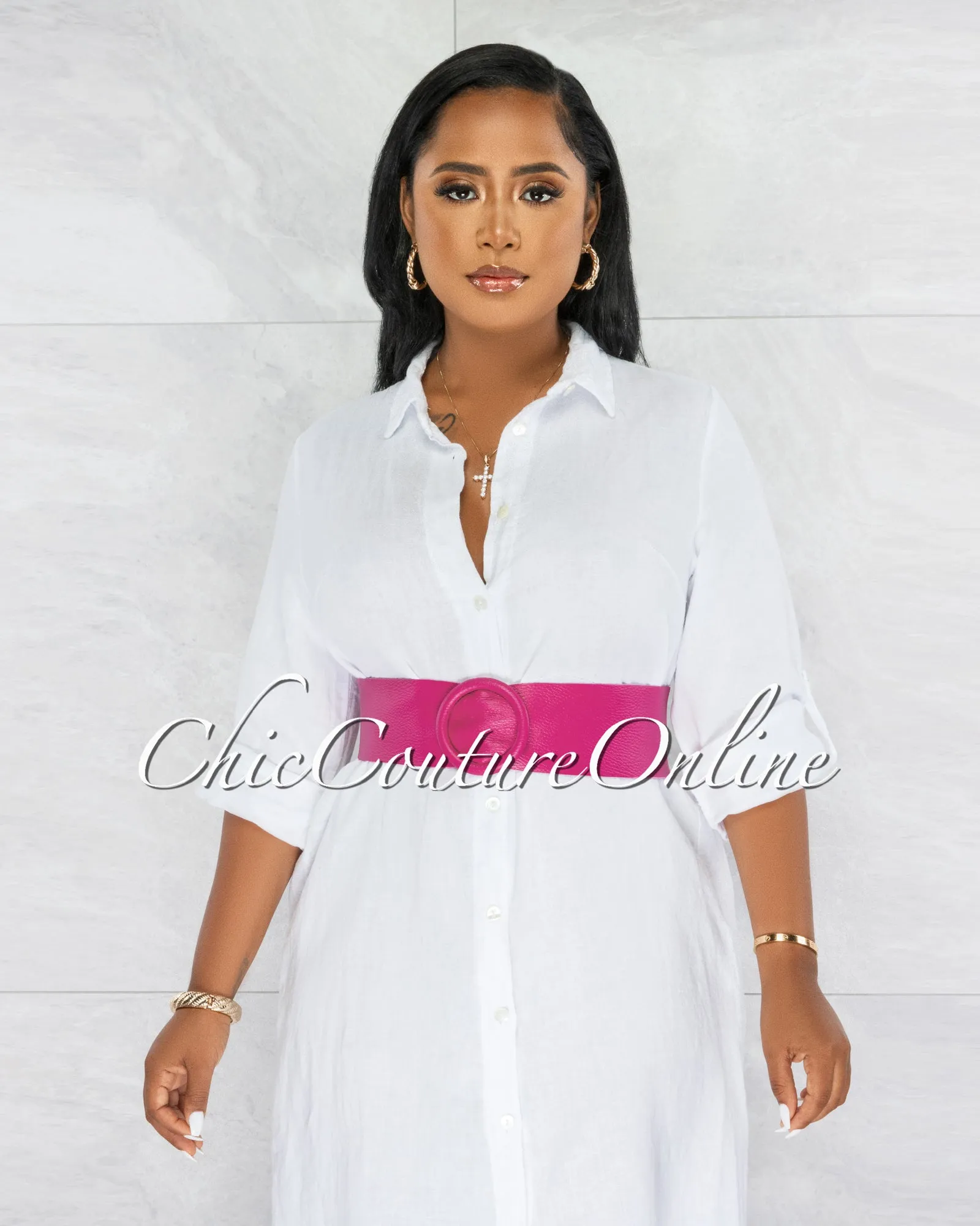 *Meka Fuchsia Genuine Leather O-Ring Belt sold by Chic Couture