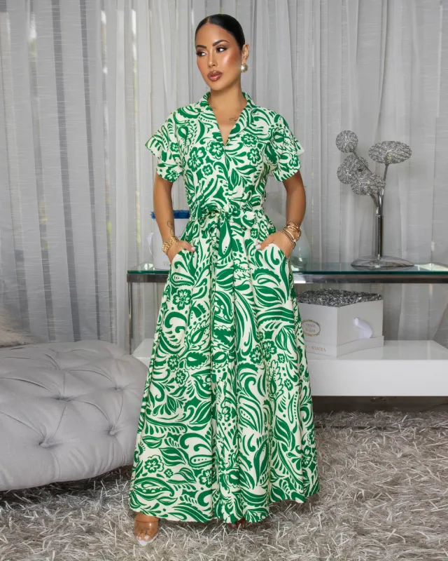 Ivelle Green Cream Floral Print Maxi Dress sold by Chic Couture