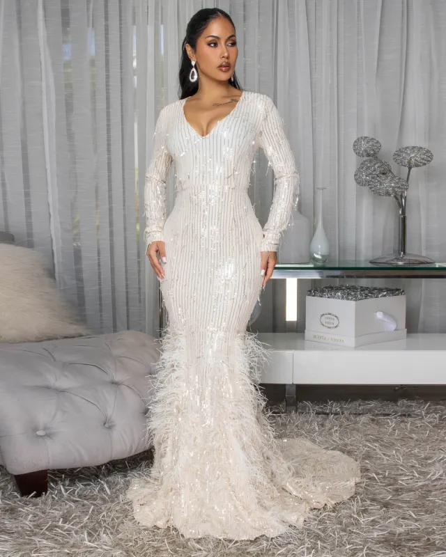 Bahare Champagne Sequins Feather Accent Gown sold by Chic Couture